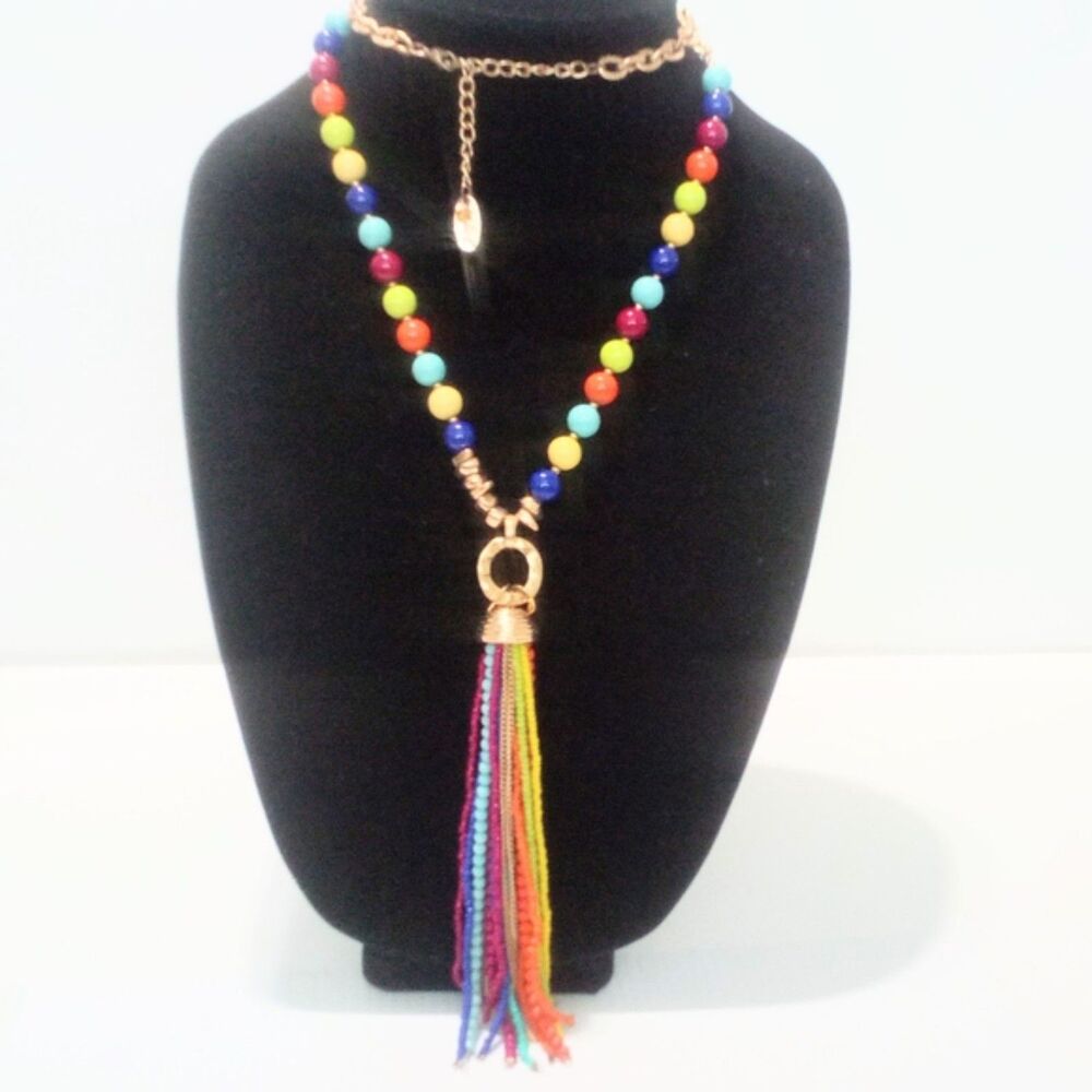 Jules B. Brightly Multi Colored Beaded Tassel Necklace